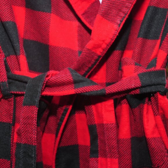 Womens Pottery Barn Red & Black Buffalo Plaid Cotton Flannel Bathrobe Size Small - Picture 4 of 9